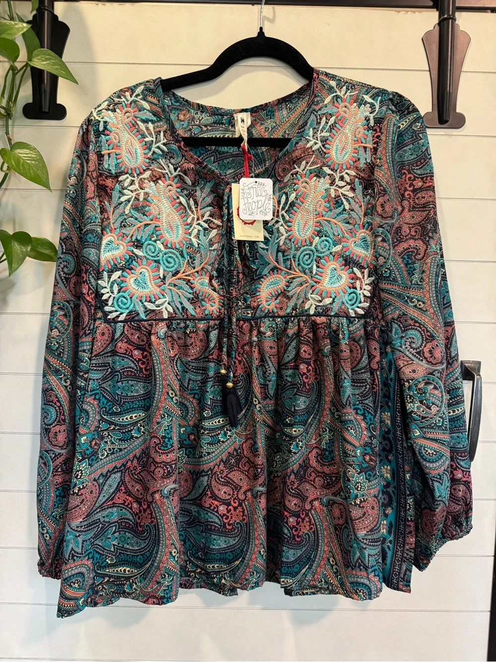 Free People Paisley Embroidered Peasant Top - Teal, Coral & Black